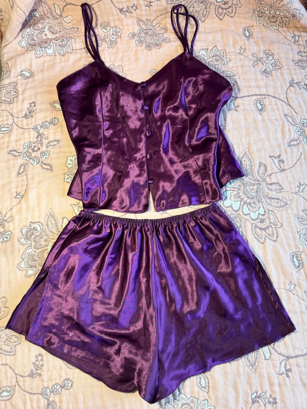 Vintage Frederick's of Hollywood Purple Satin Pajama Set Cami Tap Shorts Y2K 90s